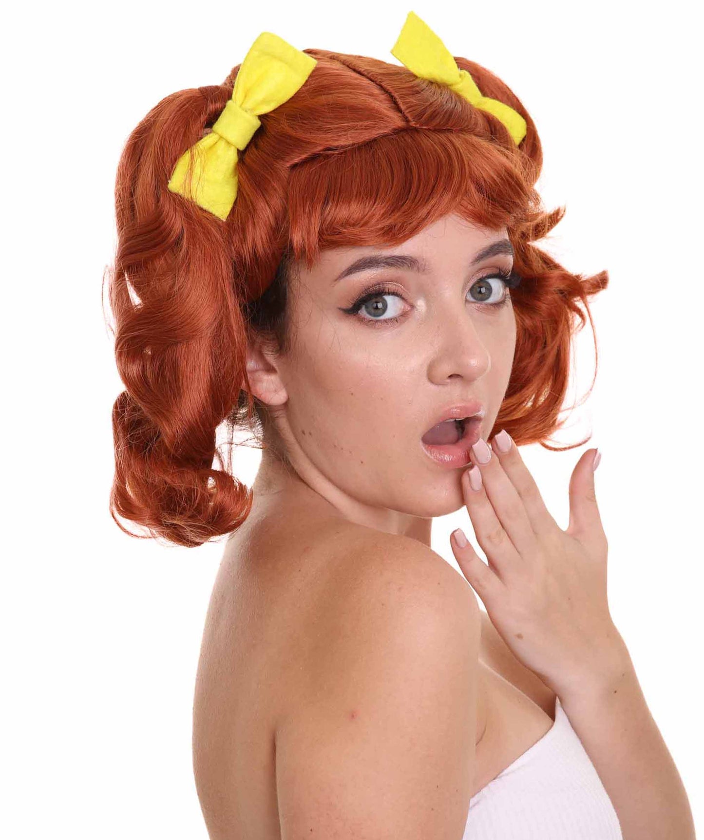 ハロウィンパーティープレミアム H-5246 女性用ショルダーレングスレッドヘッドピグテイルズ・イエローリボンウィッグ レッド