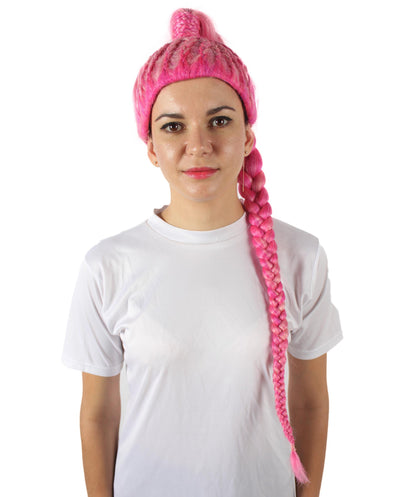 ハロウィンパーティプレミアムレディース H-5745 ドラッグレーステレビ番組ピンク編み込みポニーテールウィッグ