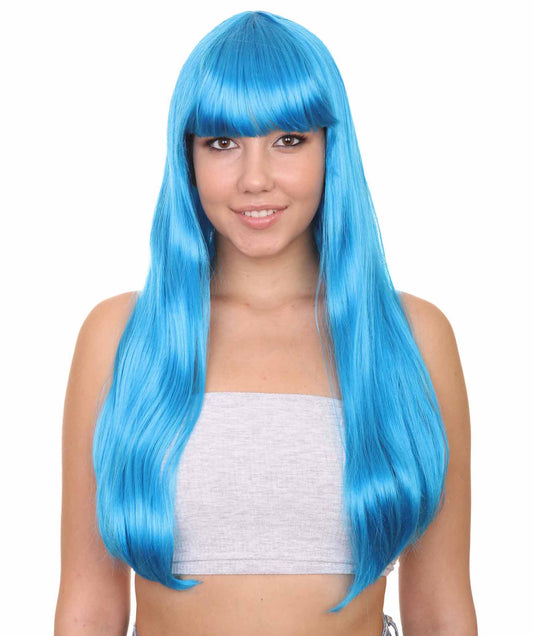 女性用 ロング ボブ ネオンブルー ウィッグ H-3360 ファンシー パーティー イベント レディ ハロウィン ウィッグ プレミアム通気性 キャプレス キャップ