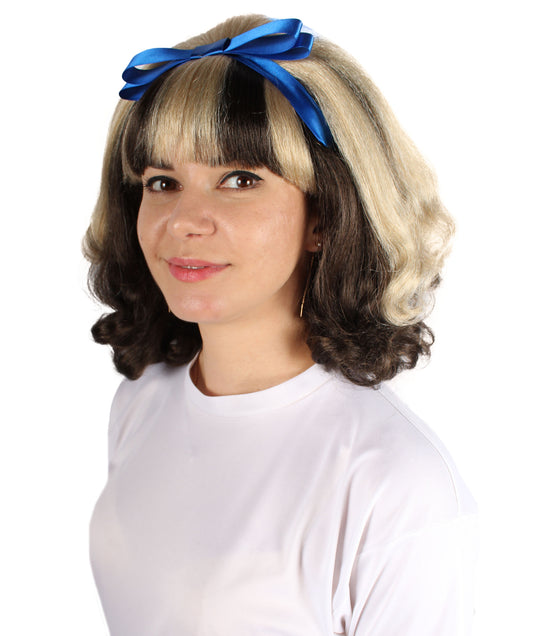 プレミアムレディースH-5932 アメリカの女優ウィッグ ブラックアンドブロンドカラー ブルーボウつき ハロウィンに最適 難燃性合成繊維