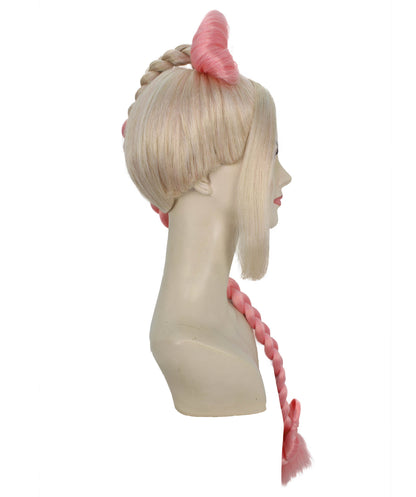 女性用 H-5847 ピンクとブロンド ソミ ブレイデッド ポニーテール ウィッグ ハロウィンに最適 難燃性合成繊維
