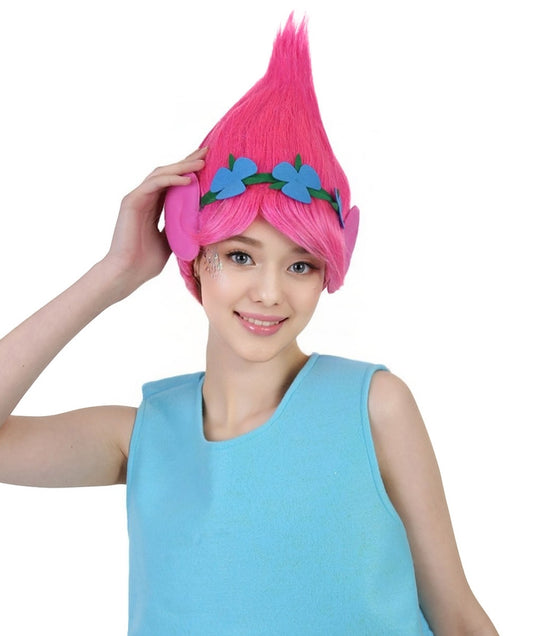 コスプレウィッグ Poppy Trolls イヤー付き H-3570 ピンク コスプレハロウィンウィッグ プレミアム 通気性の良い キャップレスキャップ