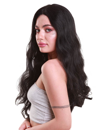 女性 ロング カーリー センターパーティング ブラック ウィッグ H-5094 プレミアム 通気性の良いキャップレスキャップ