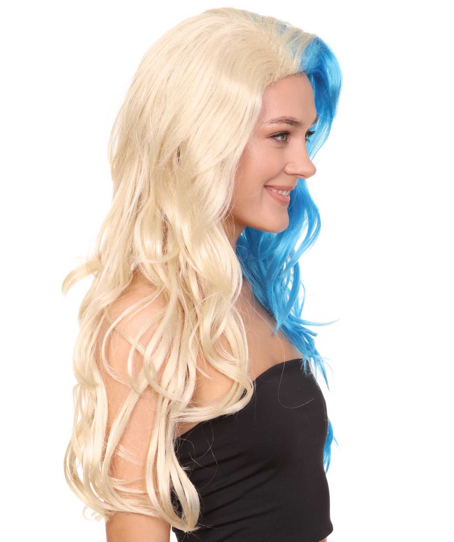 ハーフブロンド&ハーフブルーウィッグ H-3601 ファンシーパーティーイベント用ハロウィンウィッグ プレミアム 通気性の良い キャップレスキャップ