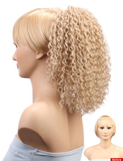 レディースファッション W-8310 ポニーテール ミディアムカーリー アッシュブロンド ヘアピースウィッグ 合成繊維
