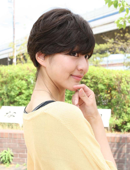 人毛と耐熱ファイバーのミックス☆顔周り・襟足スッキリのショートスタイル！ ウィッグネット付きHHB-038