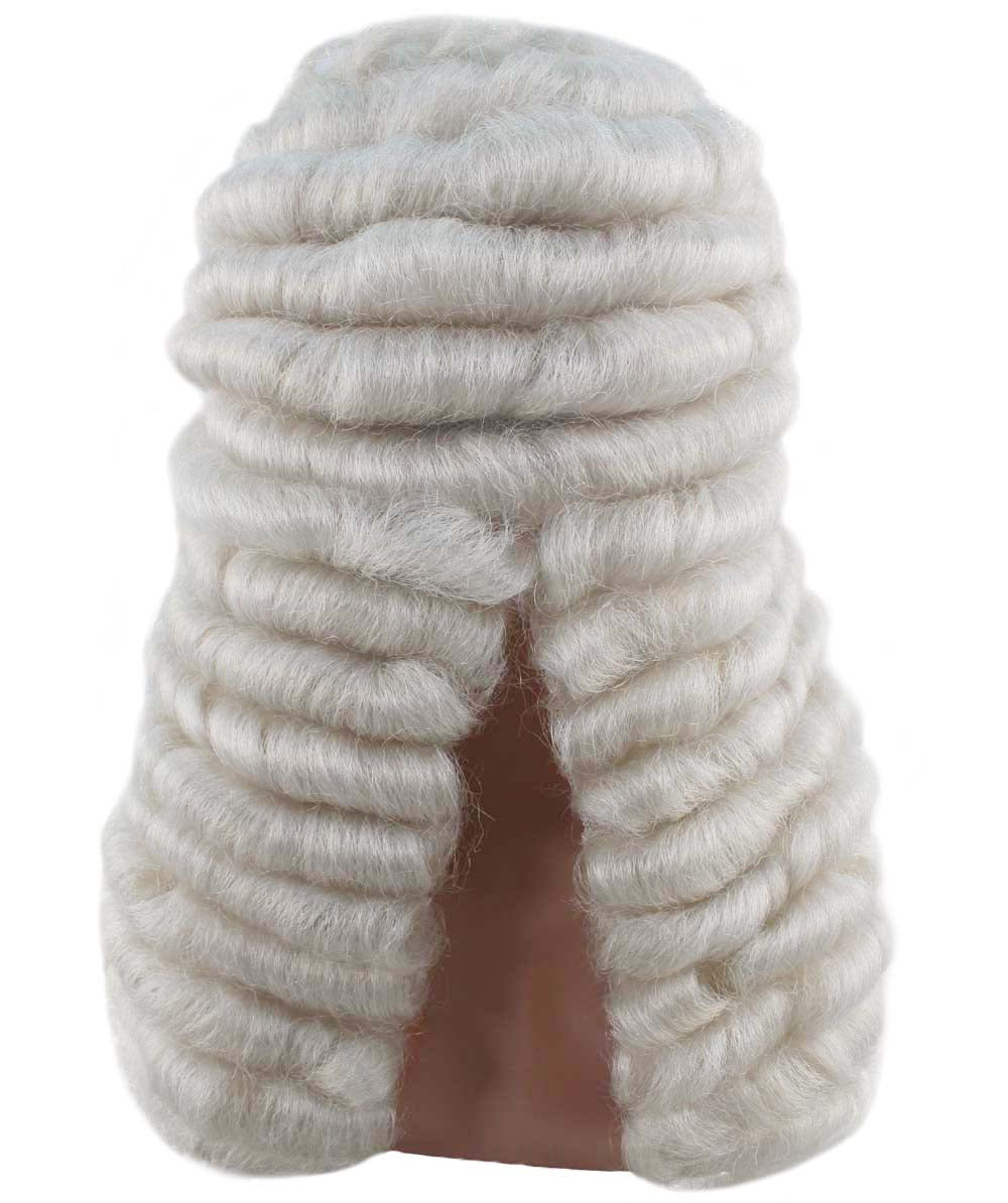 コロニアル男性裁判官ウェービーカーリーロングホワイトウィッグ H-4351 プレミアム通気性キャップレスキャップ