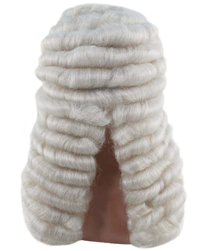 コロニアル男性裁判官ウェービーカーリーロングホワイトウィッグ H-4351 プレミアム通気性キャップレスキャップ