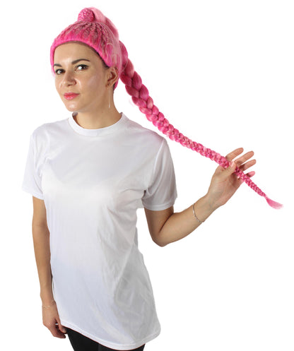 ハロウィンパーティプレミアムレディース H-5745 ドラッグレーステレビ番組ピンク編み込みポニーテールウィッグ