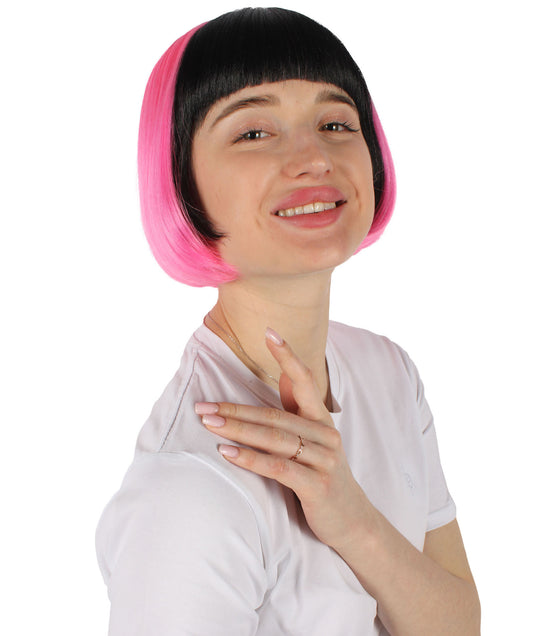 レディース ピンク & ブラック H-6272 ツートーン ボブウィッグ 前髪付き 難燃性合成繊維