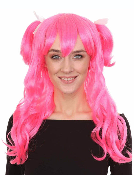 レディース ロング ピンク おさげ キャラクター コスプレ ハロウィン ウィッグ   プレミアム通気性キャップレスキャップ H-272