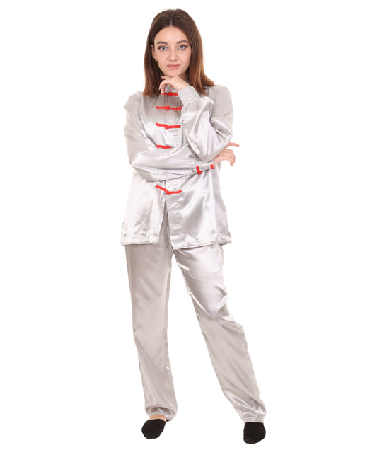 大人用ウィメンズ JCO-270_16 中国の伝統的なカンフー シルバーサテン 制服 コスプレ衣装