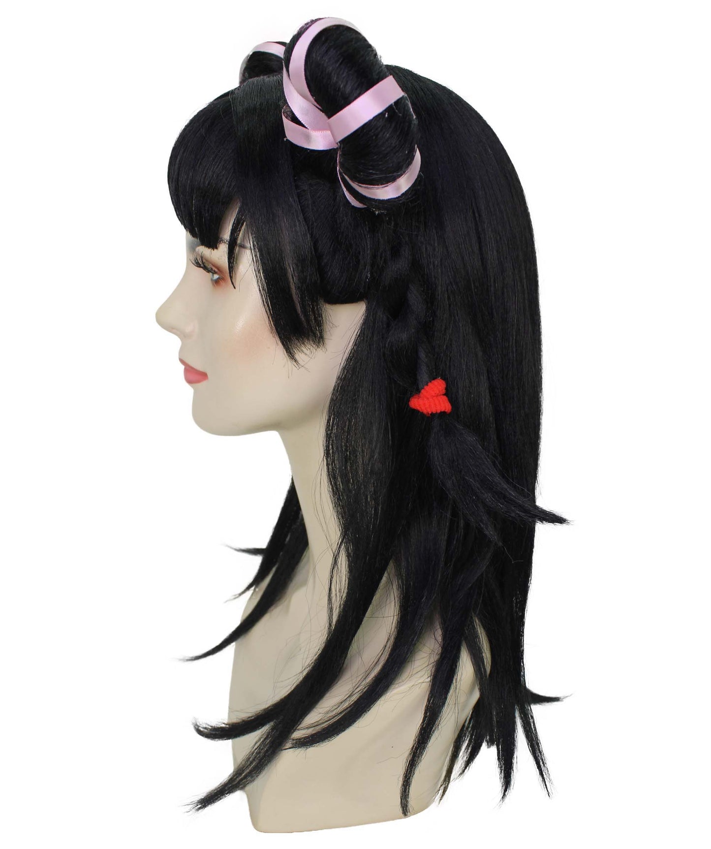 女性用 H-6237 ブラック ロングストレート ダブルバンウィッグ 難燃性合成繊維