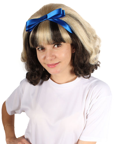 プレミアムレディースH-5932 アメリカの女優ウィッグ ブラックアンドブロンドカラー ブルーボウつき ハロウィンに最適 難燃性合成繊維