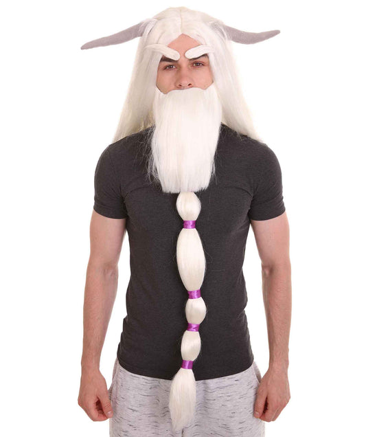 ハロウィンパーティ プレミアム 男性用 H-4790 スモールフット ソープ ホワイトウィッグ、フルヒゲ、ホーン付き