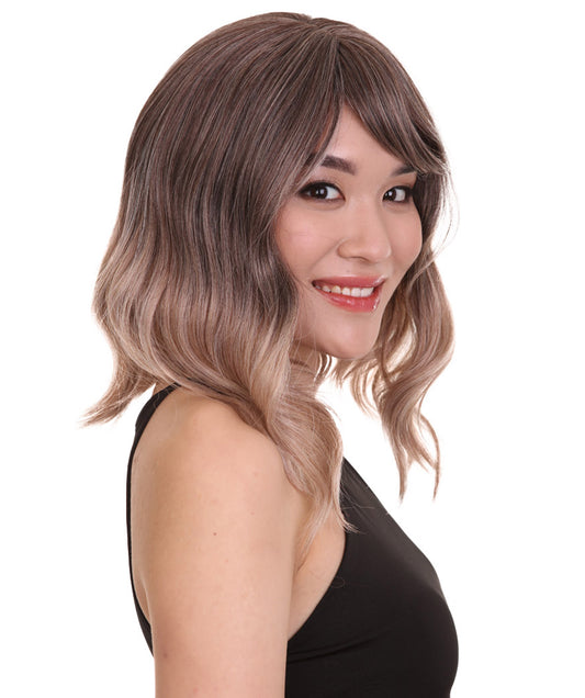 女性用ショルダーレングス 熱耐性ウェービーボブウィッグ ブラウン H-5199 コスプレウィッグ プレミアム通気性キャップレスキャップ
