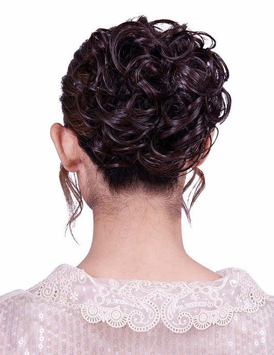 女性 W-8425 の可愛いシニョンフラフィーカーリーフラワールックバンズヘアスタイル チャコールゴールデンオーバン混合 合成繊維