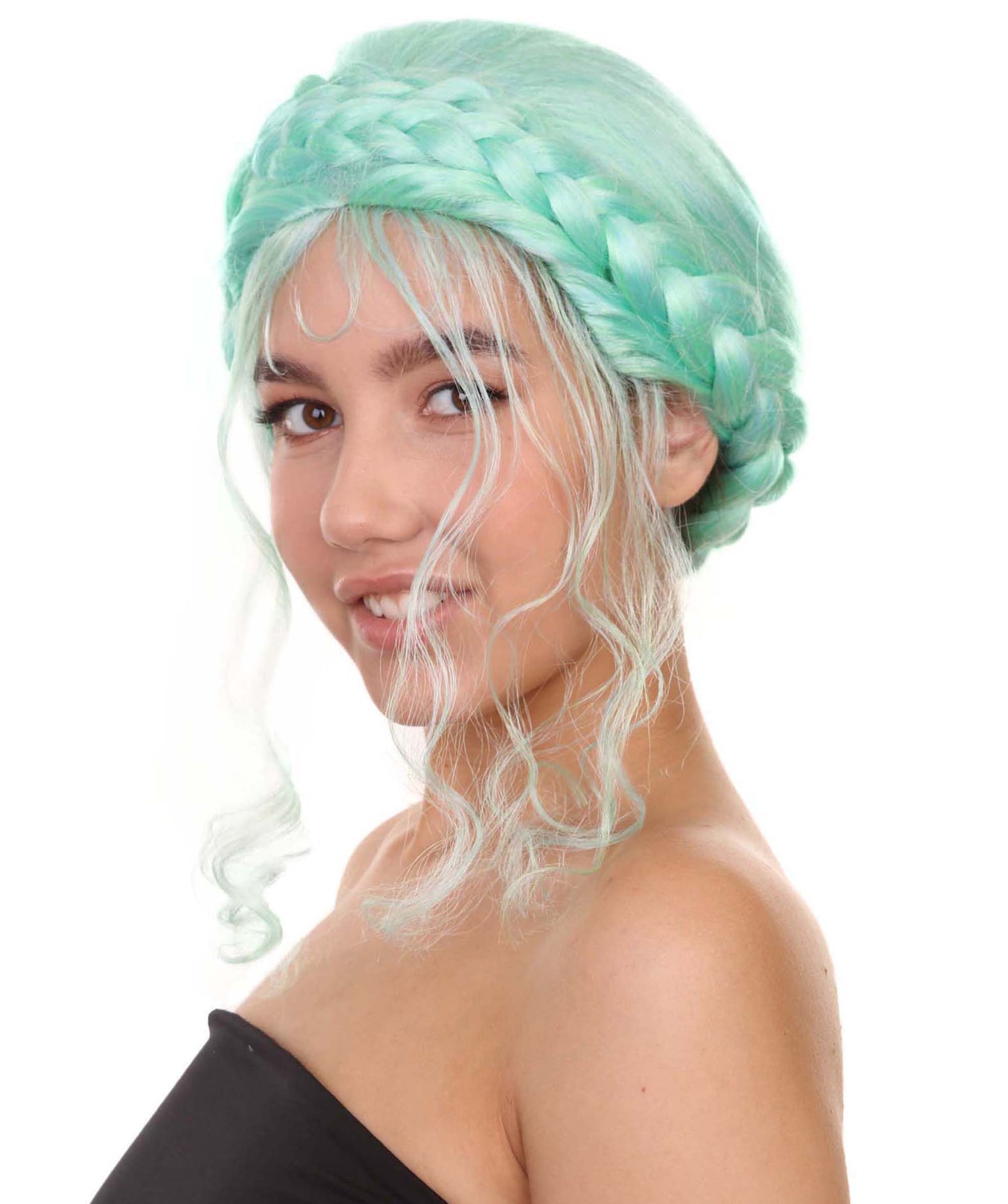 プレミアムハロウィンパーティー 女性 H-5404 ミディアムレングス ブレイデッドアップド アイコニックインフルエンサーオブソーシャルメディアウィッグ ブルー