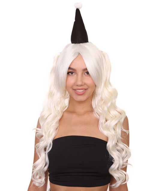 クラウンガール ２つのポニーテール ホワイトウィッグ 小さな帽子付き H-3827 キャラクターコスプレハロウィンウィッグ プレミアム 通気性の良い キャップレスキャップ
