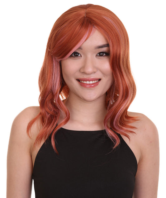 女性用ショルダーレングス 熱耐性ウェービーボブウィッグ レディッシュオレンジ H-5197 コスプレウィッグ プレミアム通気性キャップレスキャップ