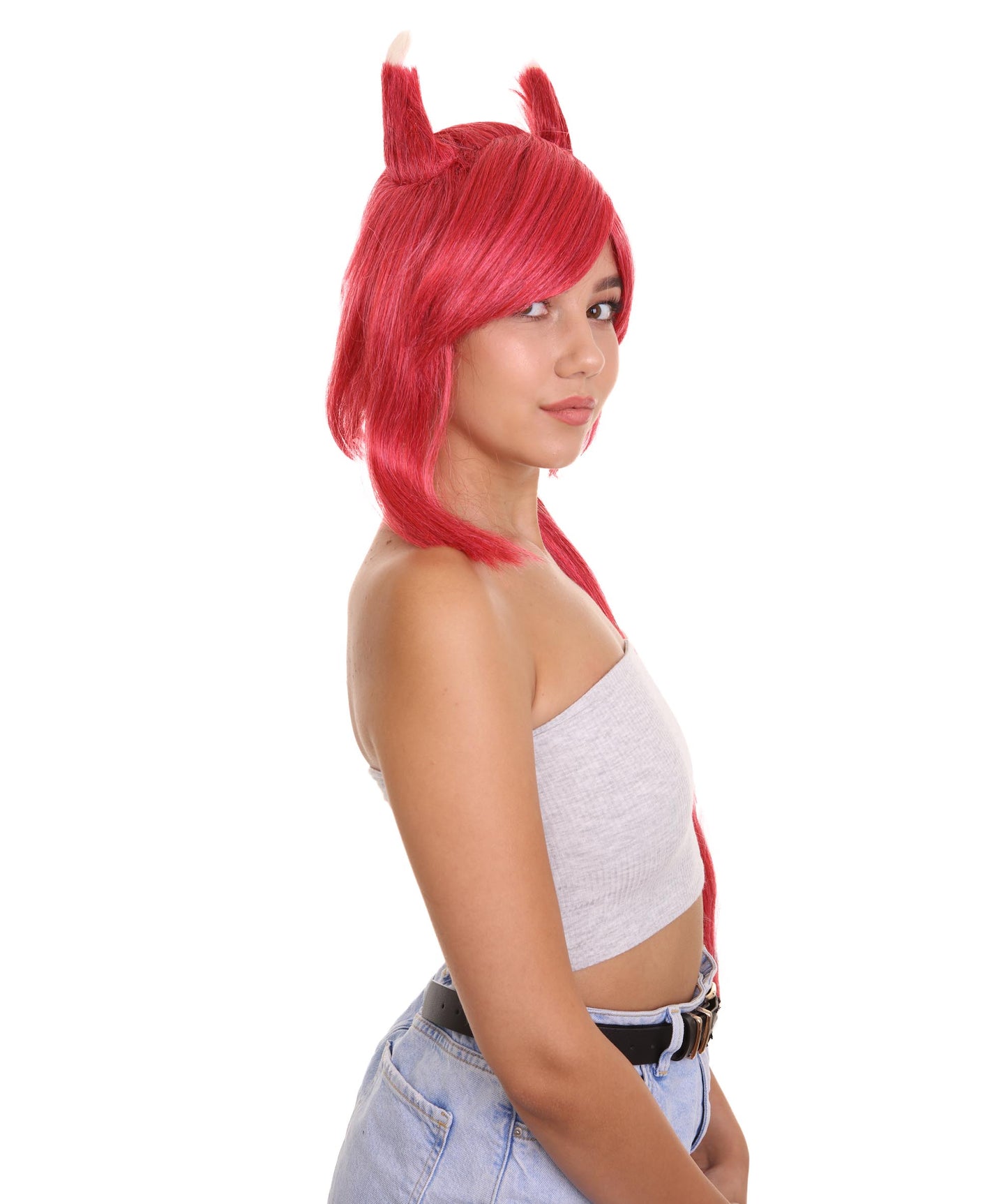 女性用リーグオブレジェンズ ピルトーバーエンフォーサーザヤコスプレウィッグ H-4643 レッドビデオゲームウィッグ プレミアム通気性キャップレスキャップ