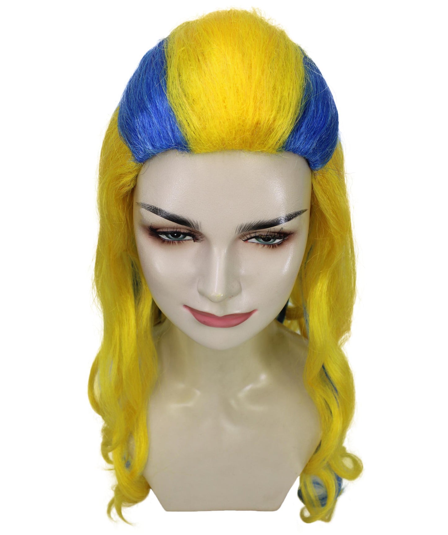 女性用H-5886 パフォーマー ドラッグ イエロー＆ブルー ウィッグ ハロウィンとコスプレパーティーに最適 難燃性合成ファイバー