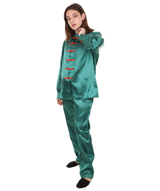 大人用ウィメンズ JCO-270_7 中国の伝統的なカンフー グリーンサテン 制服 コスプレ衣装