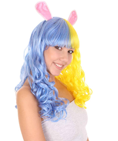 Wigs2you ハロウィンパーティープレミアムレディース H-1780 華やかに見えるイースターバニー ブルー＆イエローのロングウェーブパーティーウィッグ