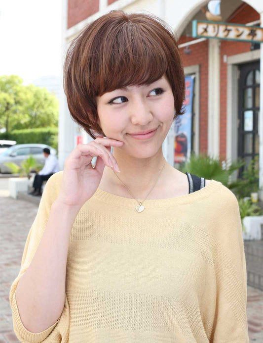 HHB-049、人毛と耐熱ファイバーのミックス | 前髪が短いショートボブスタイル | ウィッグネット付き 
