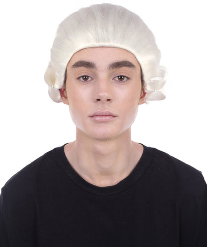男性用コロニアル裁判官ホワイト歴史的ウィッグ H-4344 プレミアム通気性キャップレスキャップ