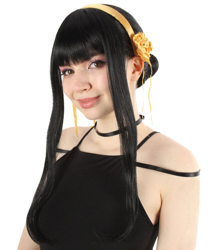 大人向け女性用 H-5806 日本のアニメシリーズ ロング ブラック ストレート ウィッグ ヘッドピース付き ハロウィンに最適 難燃性合成ファイバー