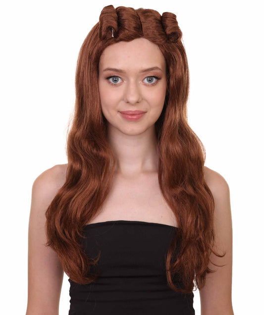 大人の女性用 H-1725 80年代ビューティーガール ブラウンカールウィッグ プレミアム通気性キャップレスキャップ