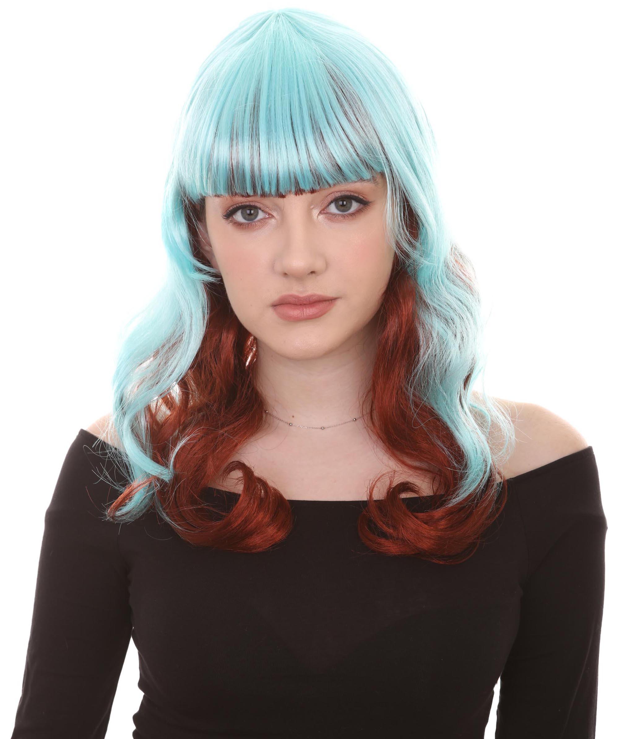 HPO ロングウェービーブルー＆ブラウンウィッグ H-2633 ソフト合成繊維 髪の変身 女性のウィッグの美しさとその利点
