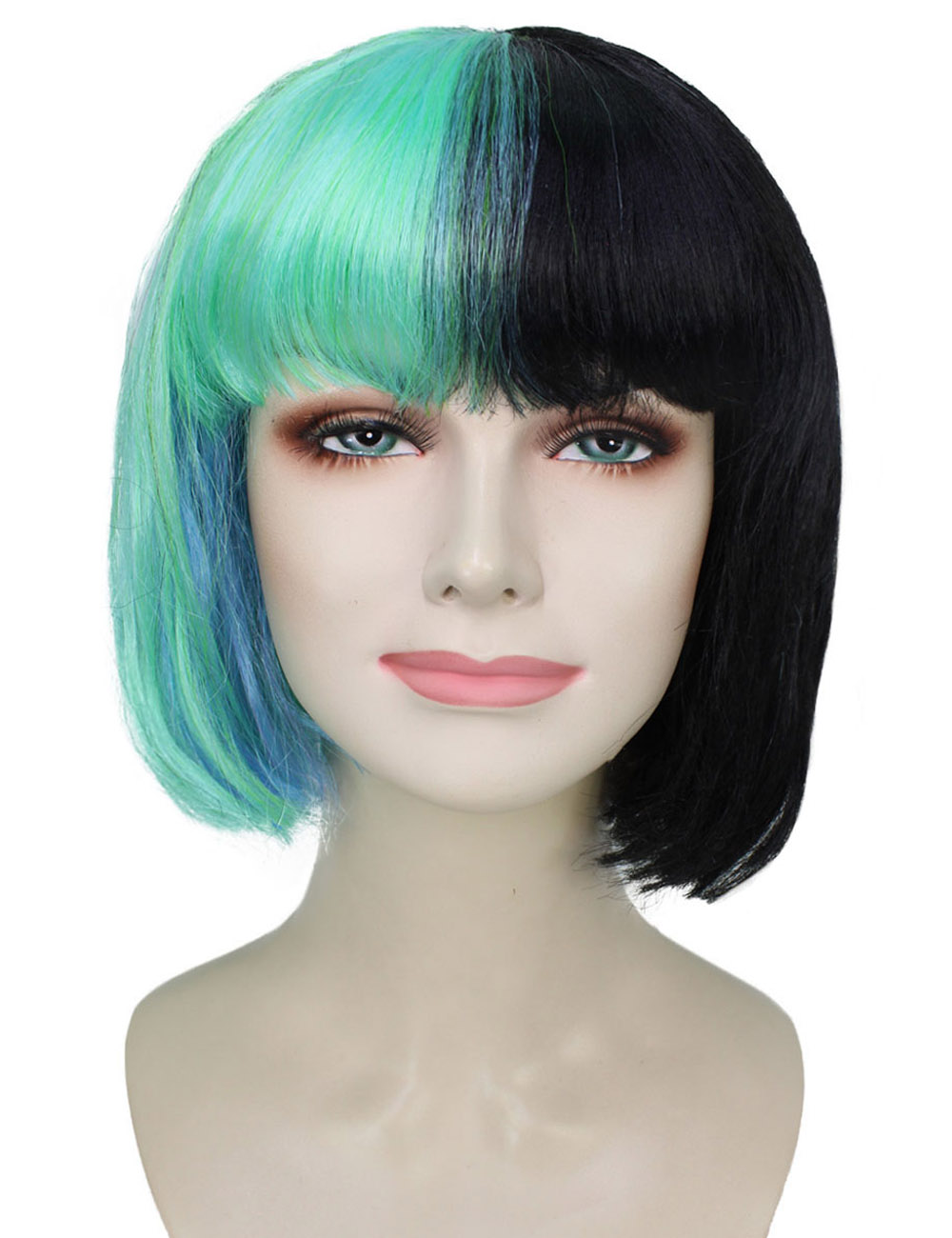 2つの状態アーティストかつらを対比している女性の肩長－柔らかいミント緑と真っ黒な髪－Caplessなキャップ設計H-5257